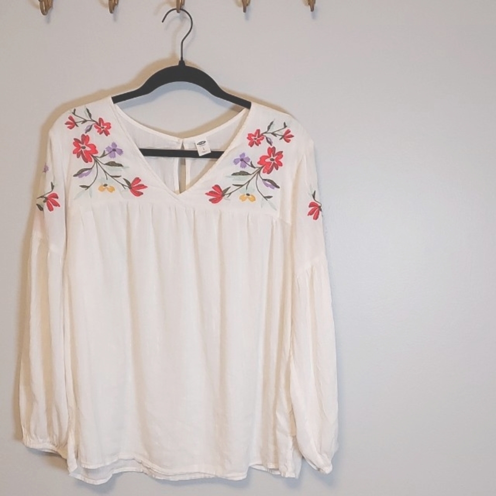 Old Navy Cream Boho Top with Pink & Purple Floral Embroidery